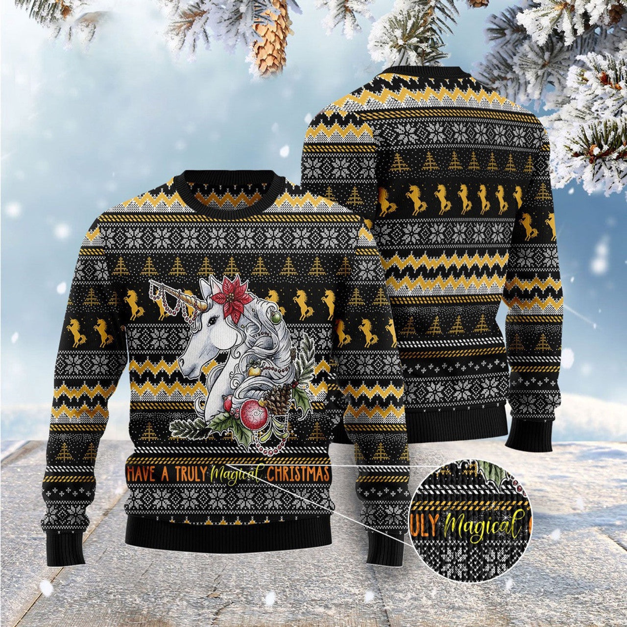 FUNSTUFFPRINT Unicorn Truly Magical Christmas Ugly Christmas Sweater, Christmas Sweater, Ugly Sweater, Funny Xmas Sweaters Ugly Sweater