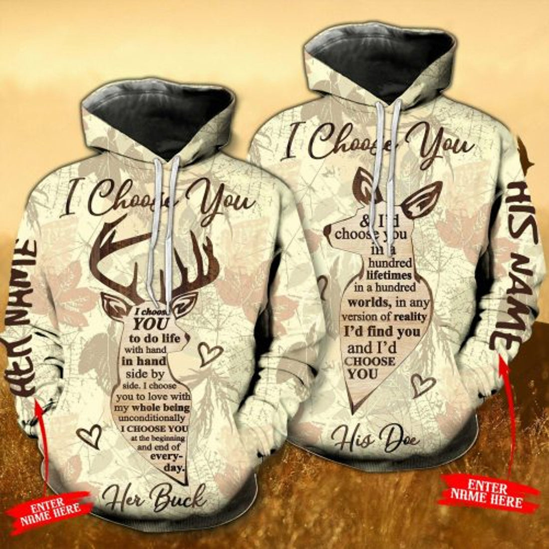 FUNSTUFFPRINT Personalized Deer Couple 3D All Over Hoodie I Choose You 3D Hoodie and Zip Hoodie