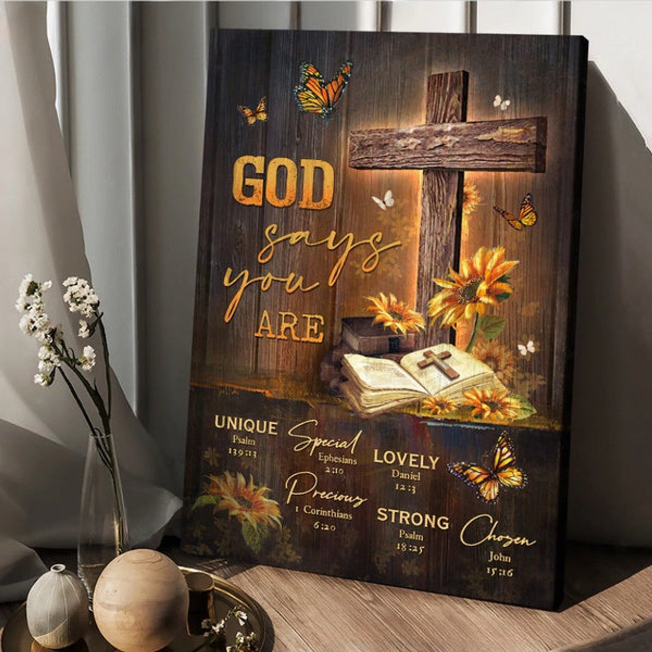 Unique Cross Sunflower Garden Antique Bible God Says You Are Canvas Wall Art - Christian Wall Posters - Religious Wall Decor