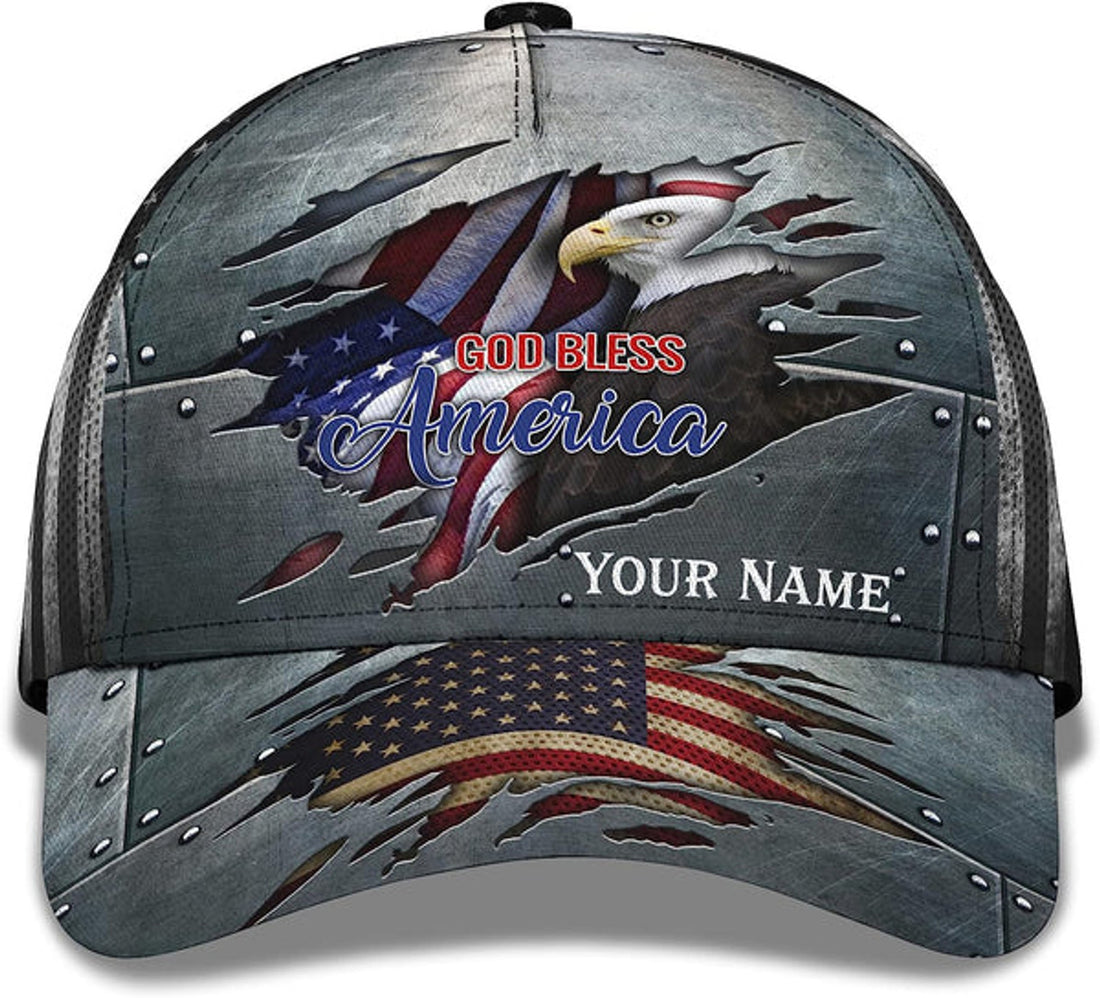 FUNSTUFFPRINT Unisex God Bless America Bald Eagle Custom Name All Over Print Baseball Cap - Christian Hats For Men Women