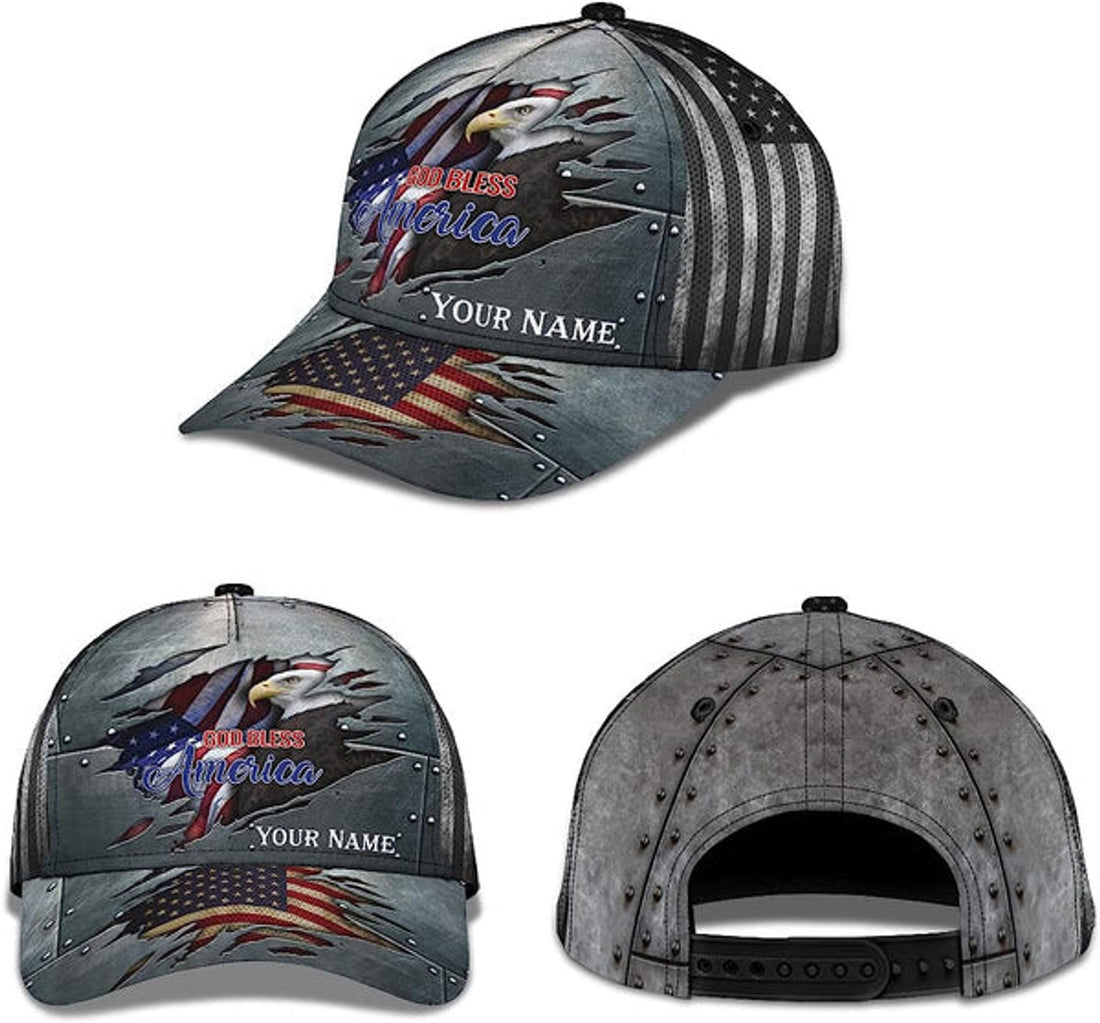 FUNSTUFFPRINT Unisex God Bless America Bald Eagle Custom Name All Over Print Baseball Cap - Christian Hats For Men Women
