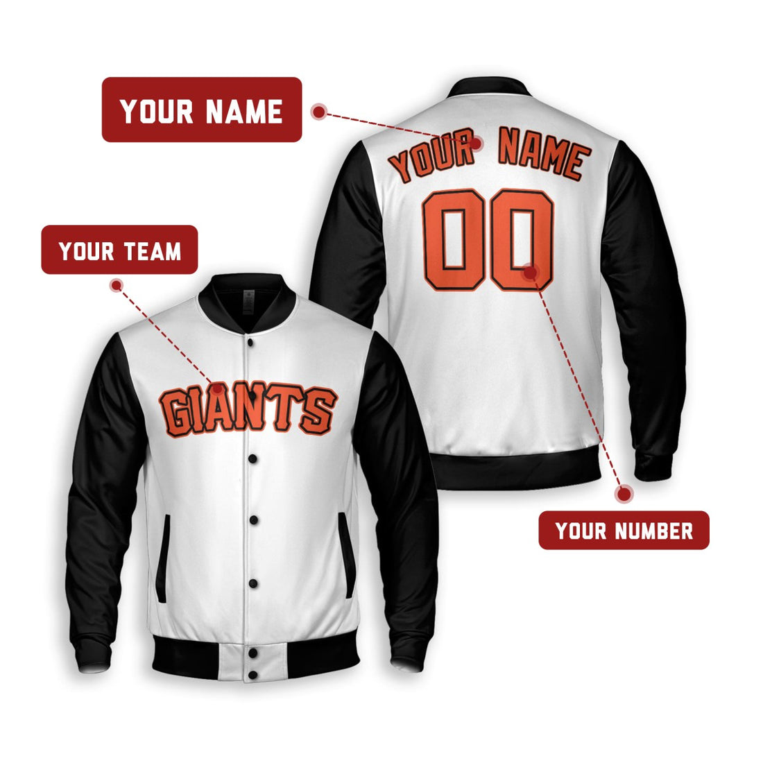 Personalized San Francisco Varsity Jacket – White Black Alternate Style, Custom Name & Number