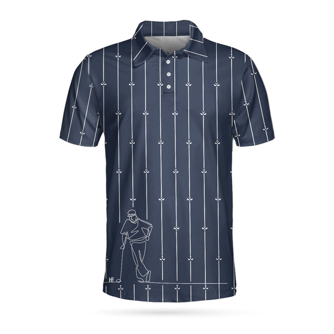 Vertical Stripe Golf Club Polo Shirt, Black And White One Line Drawing Golfer Polo Shirt, Unique Golf Shirt For Men