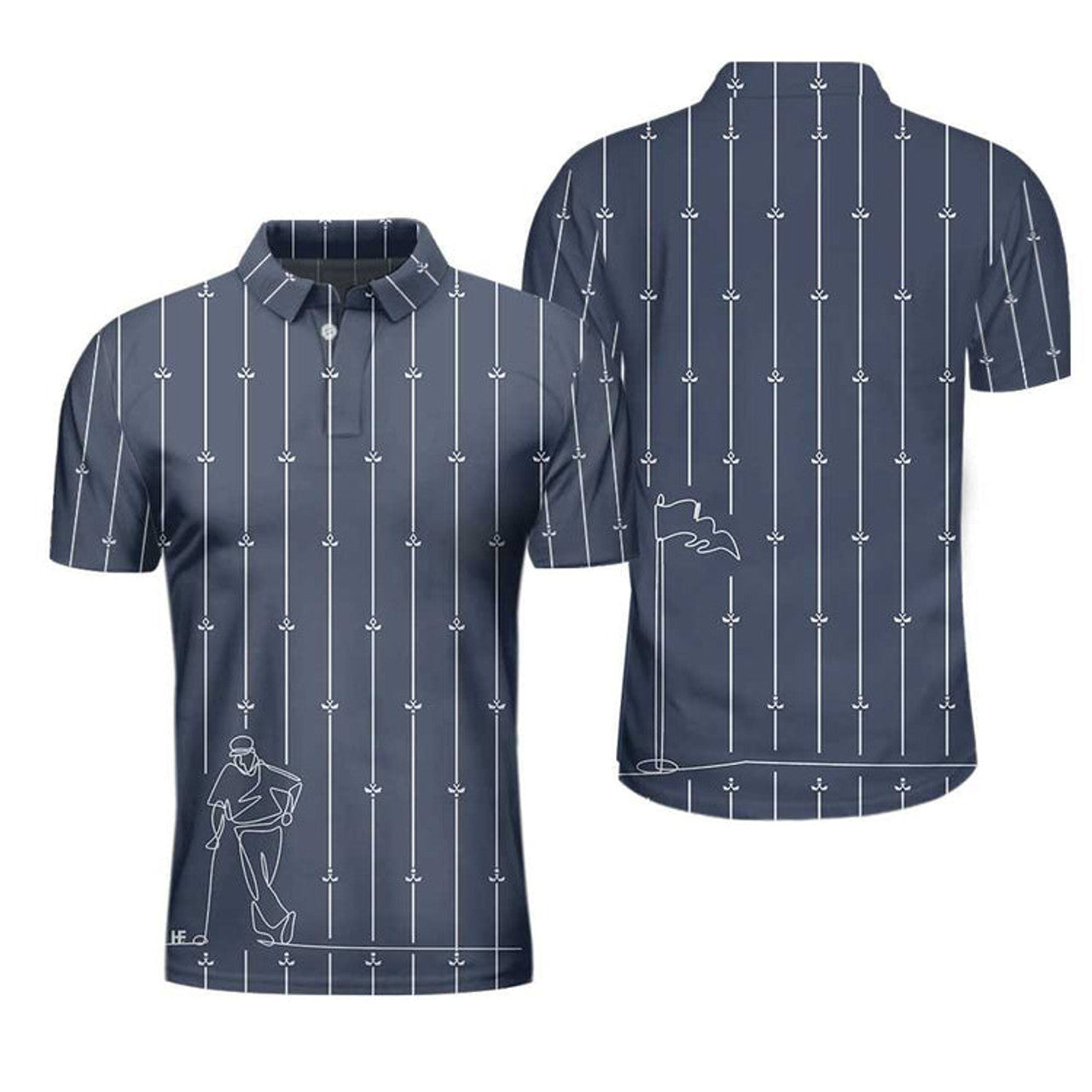 Vertical Stripe Golf Club Polo Shirt, Black And White One Line Drawing Golfer Polo Shirt, Unique Golf Shirt For Men