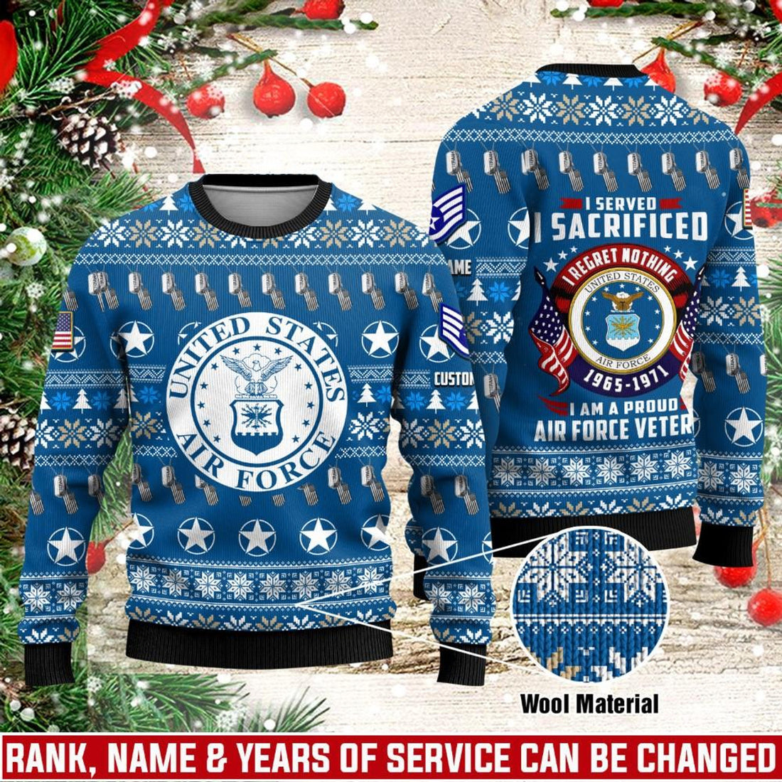 FUNSTUFFPRINT Veterans Sweater, Custom US Air Force Veteran Christmas Sweater With Your Military Rank, Military Sweater, Military Sweater Men’s Ugly  Sweater