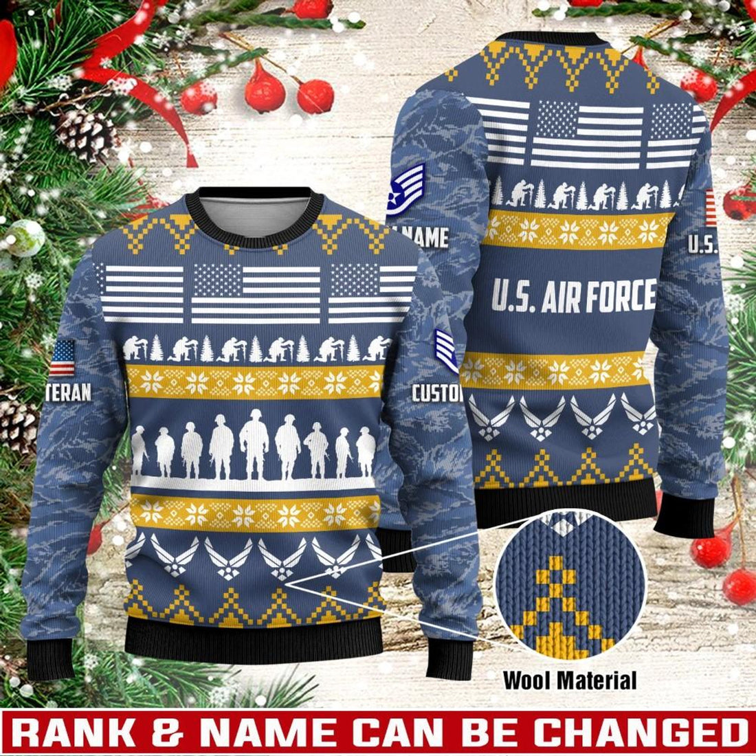 FUNSTUFFPRINT Veterans Sweater, Personalized US Air Force Veteran Christmas Knitted Sweater With Your Military Rank, Military Sweater, Military Sweater Men’s Ugly  Sweater