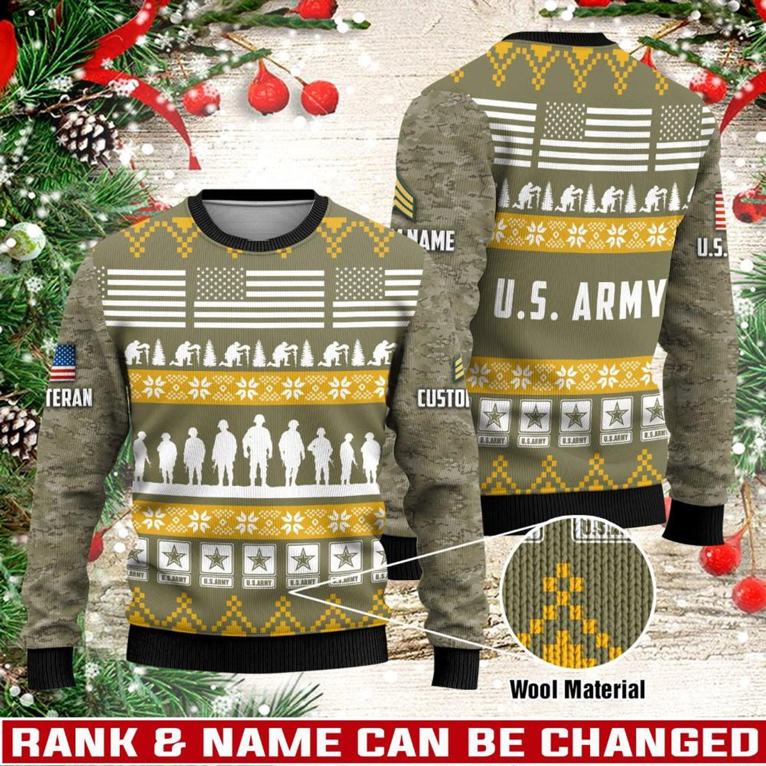 FUNSTUFFPRINT Veterans Sweater, Personalized US Army Veteran Christmas Knitted Sweater With Your Military Rank, Military Sweater, Military Sweater Men’s Ugly  Sweater