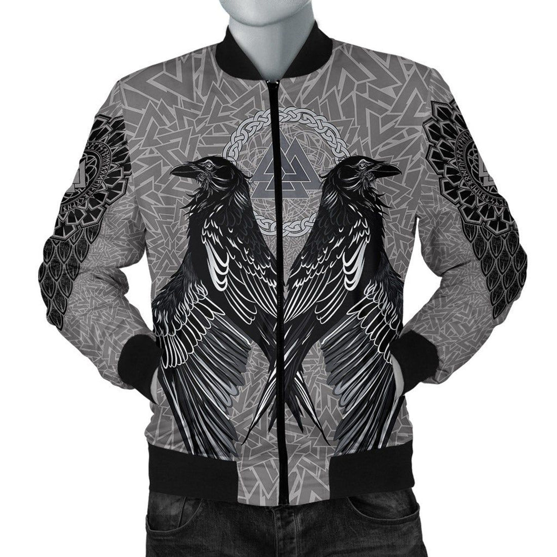 FUNSTUFFPRINT VikingStyle Bomber Jacket Raven Valknut 3D Bomber Jacket
