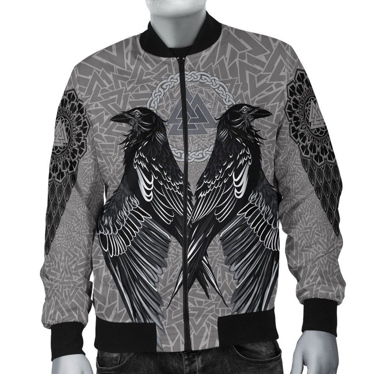 FUNSTUFFPRINT VikingStyle Bomber Jacket Raven Valknut 3D Bomber Jacket