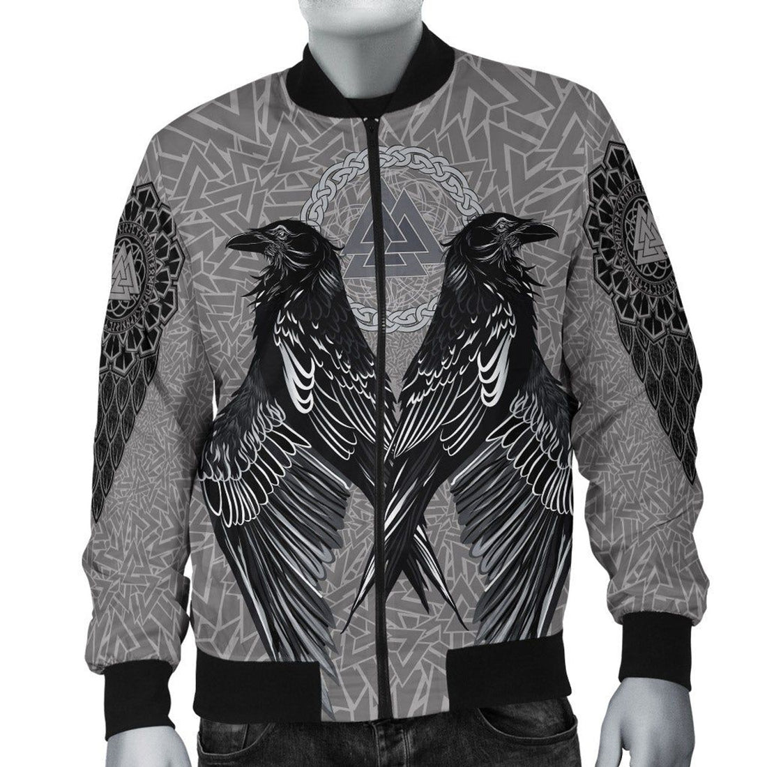 FUNSTUFFPRINT VikingStyle Bomber Jacket Raven Valknut 3D Bomber Jacket