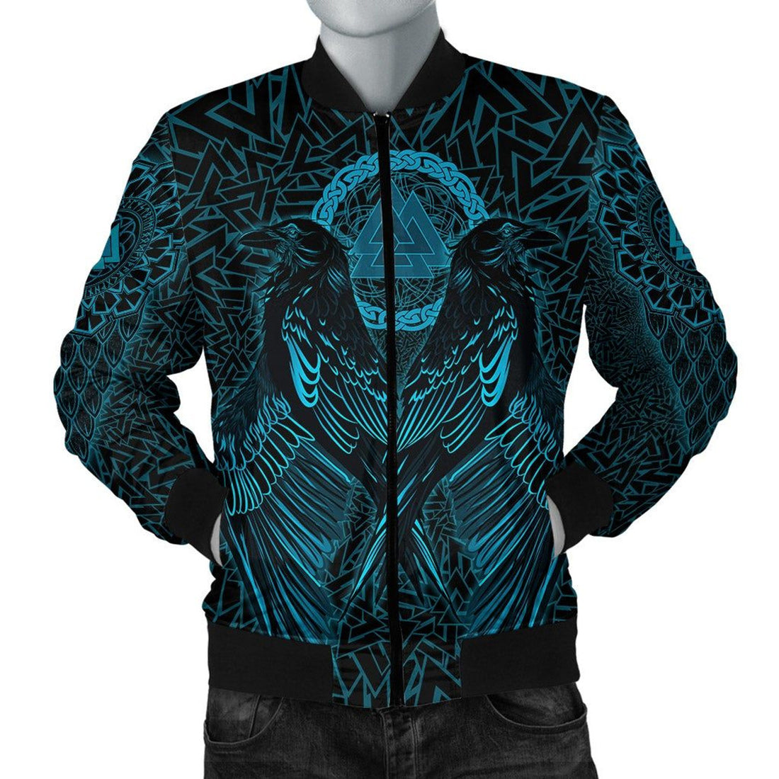FUNSTUFFPRINT VikingStyle Bomber Jacket Raven Valknut Cyan 3D Bomber Jacket