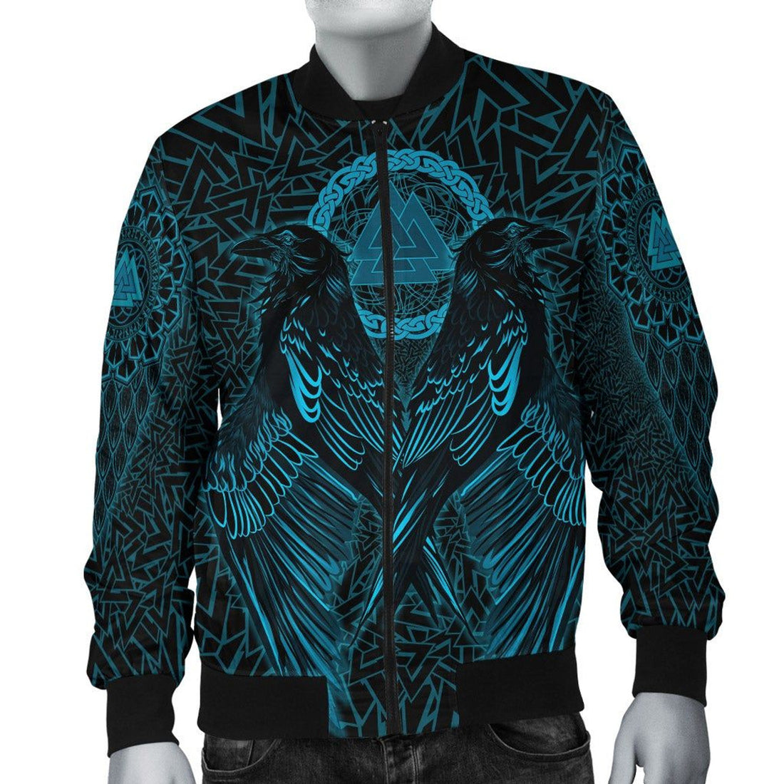 FUNSTUFFPRINT VikingStyle Bomber Jacket Raven Valknut Cyan 3D Bomber Jacket
