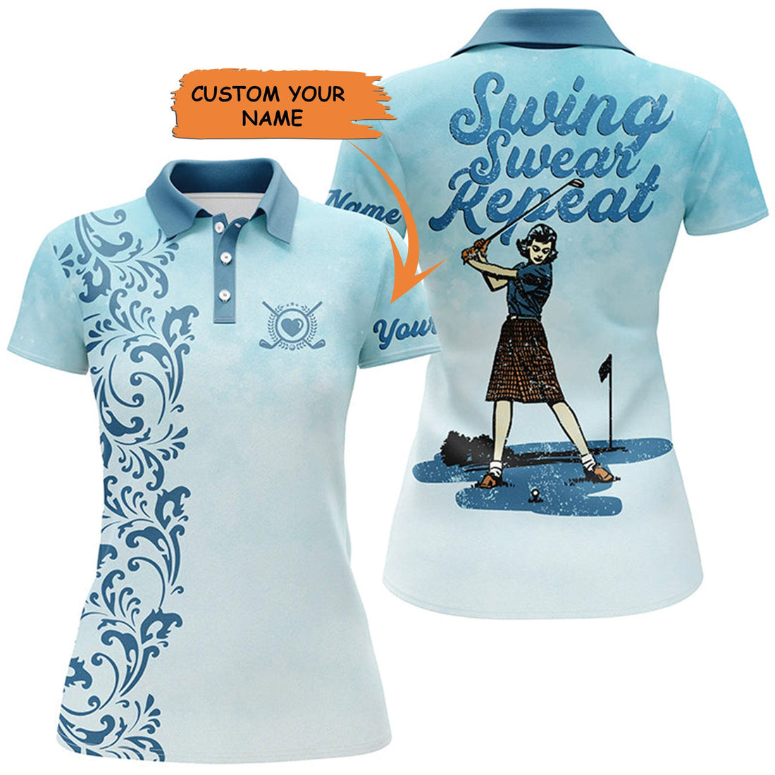 Custom Vintage Womens Golf Polo Shirt Custom Name Swing Swear Repeat Vintage Blue Golf Shirt For Women, Perfect Gift For Women
