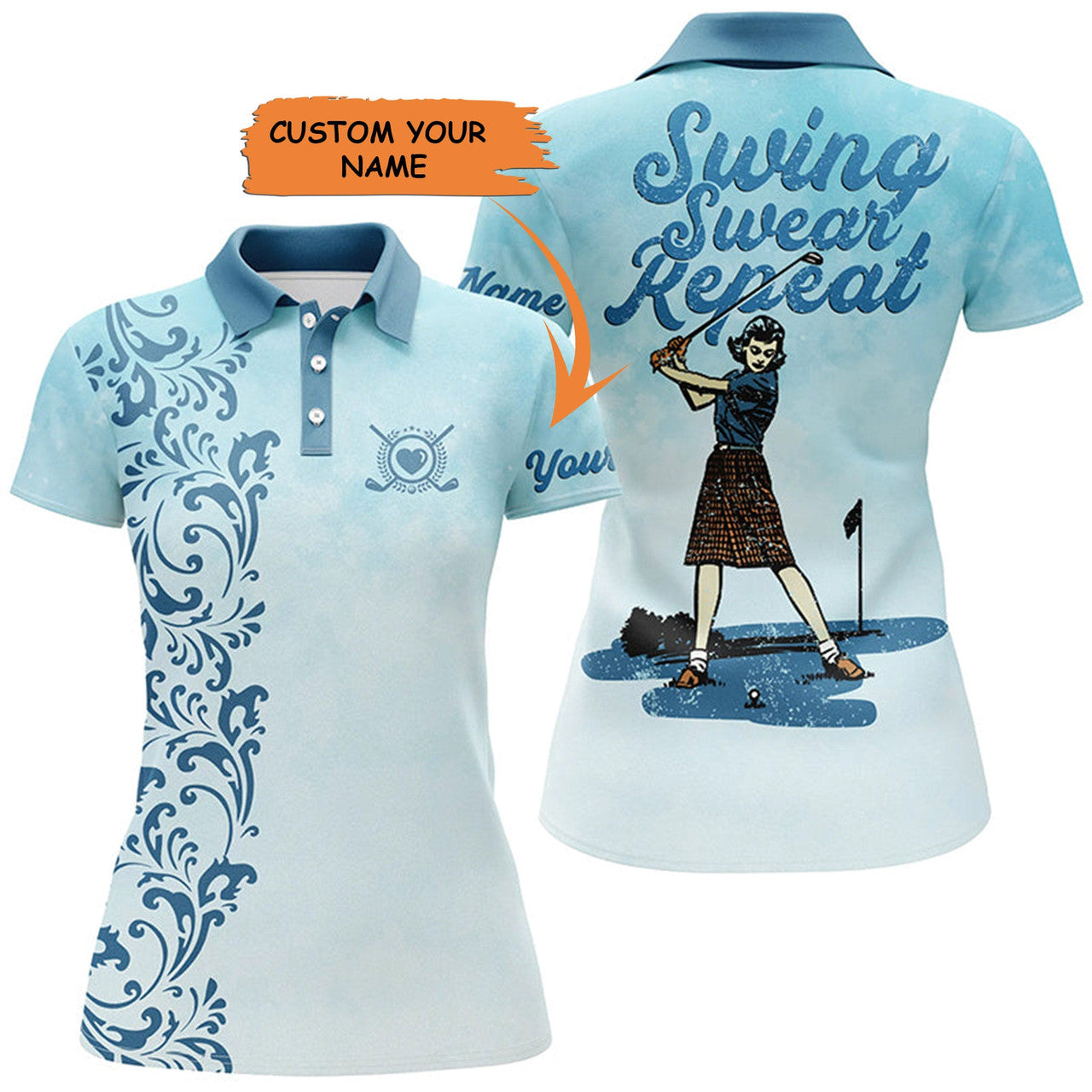 Custom Vintage Womens Golf Polo Shirt Custom Name Swing Swear Repeat Vintage Blue Golf Shirt For Women, Perfect Gift For Women