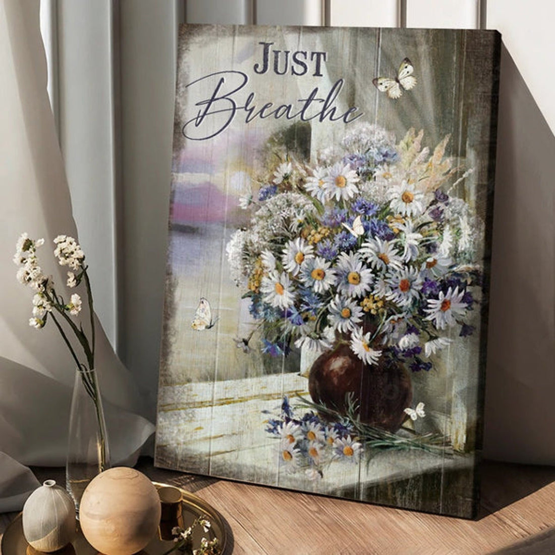 Vintage Daisy Vase Jesus Just Breathe Canvas Wall Art - Christian Wall Posters - Religious Wall Decor