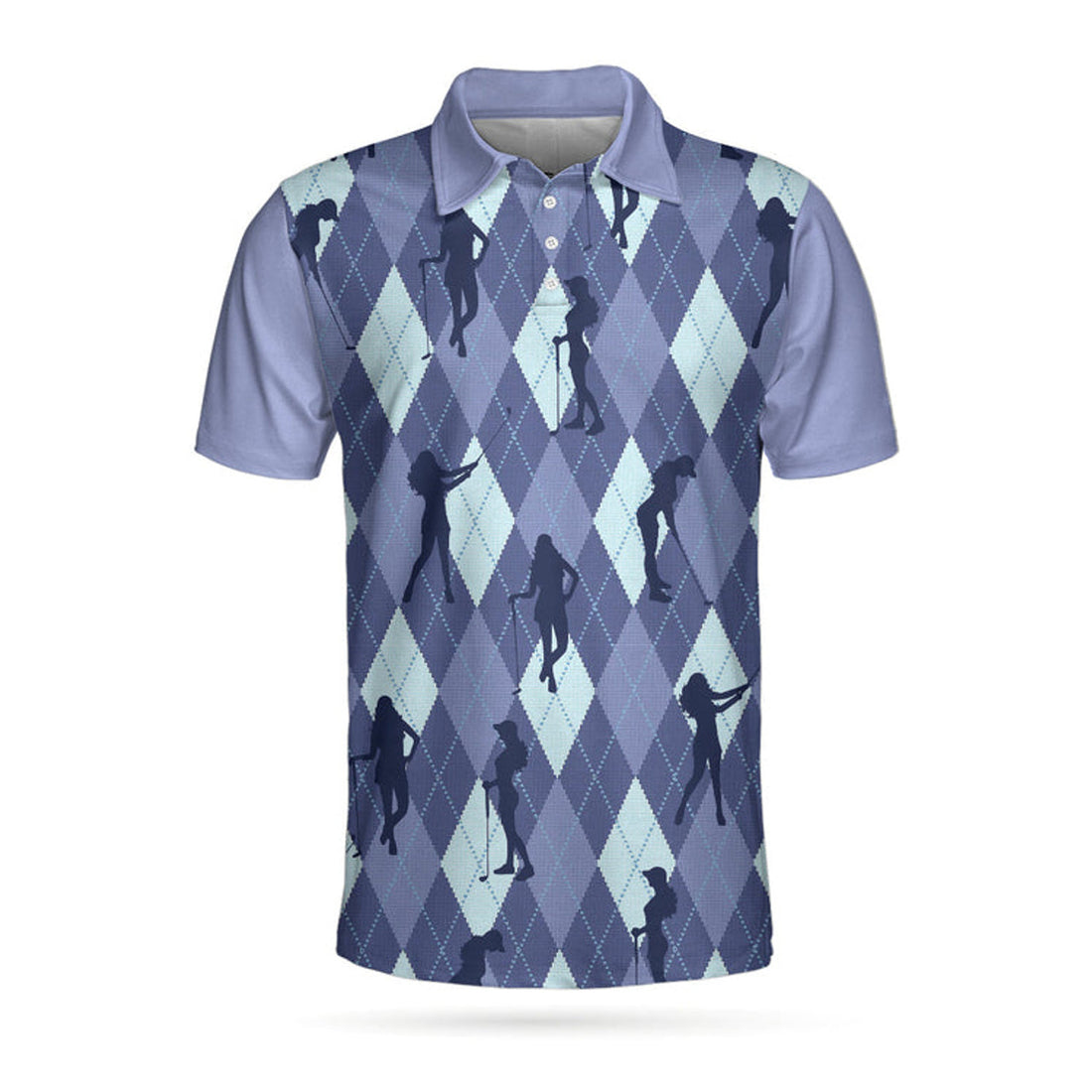 Vintage Blue Palatte Girl Golf Polo Shirt, Argyle Pattern Girl Golfer Silhouette Polo Shirt, Fun Golf Shirt For Men