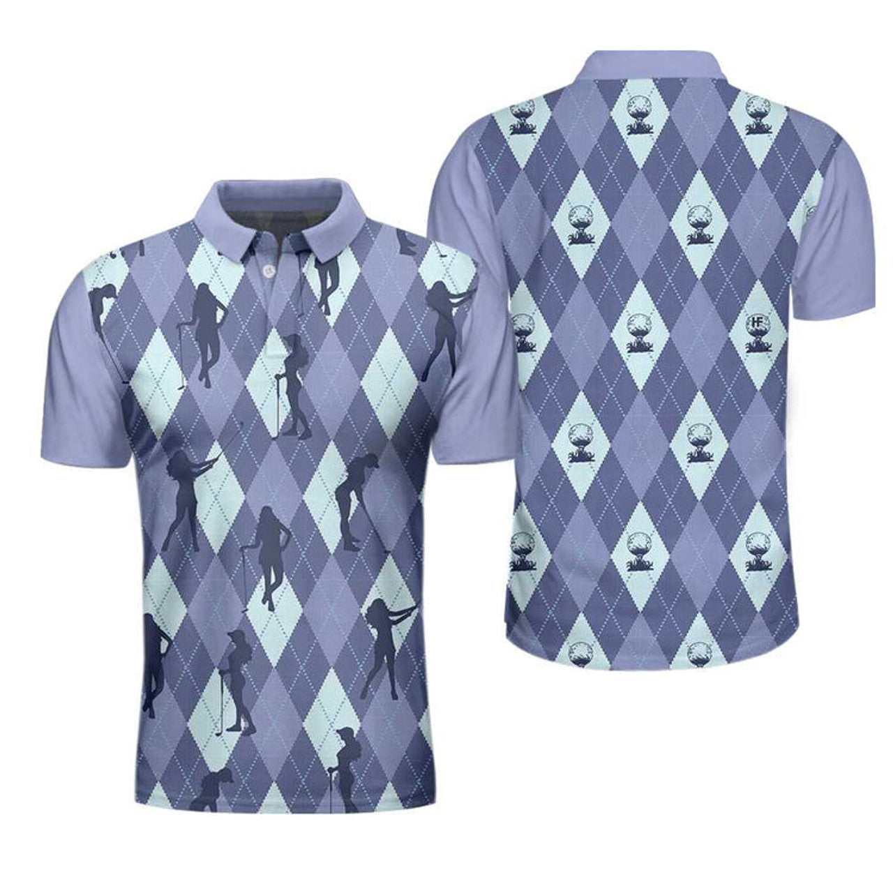 Vintage Blue Palatte Girl Golf Polo Shirt, Argyle Pattern Girl Golfer Silhouette Polo Shirt, Fun Golf Shirt For Men