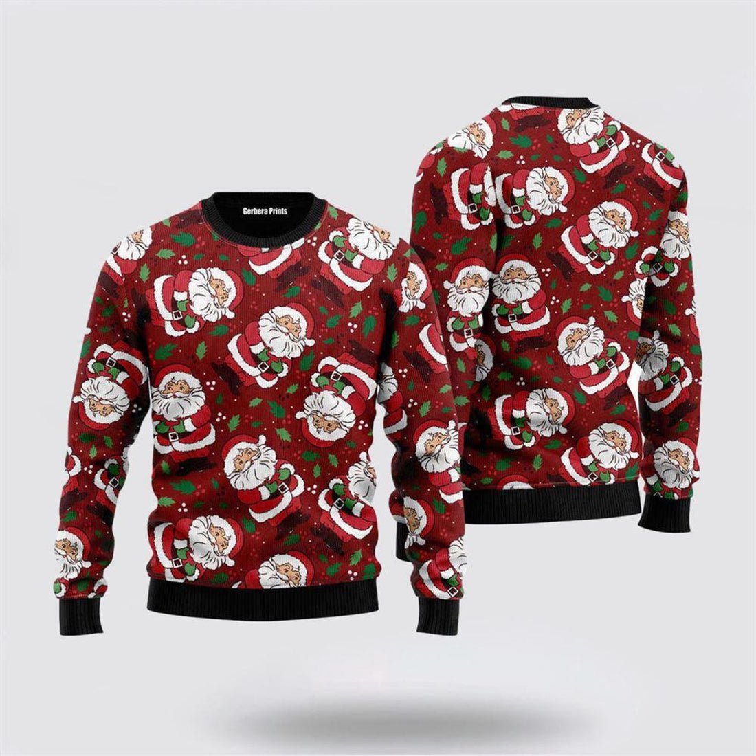 FUNSTUFFPRINT Vintage Santa Claus Ditsy Holly Pattern Ugly Christmas Sweater – Christmas Gifts For Frends Ugly  Sweater