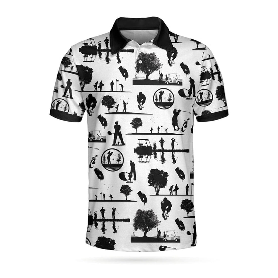 Vintage Silhouette Golfers All Over Print Polo Shirt, Black And White Golf Course Polo Shirt, Best Golf Shirt For Men