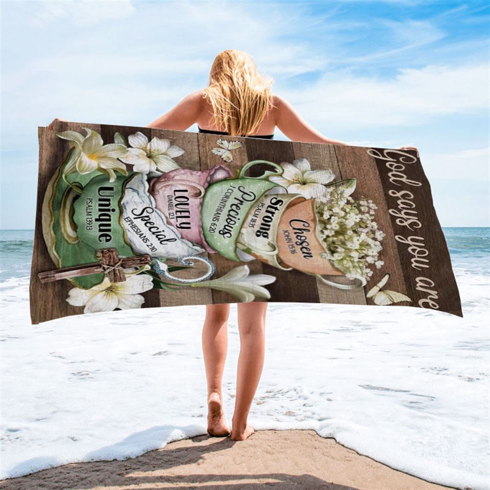 Vintage Tea Cup, Lily Flower, God Says You Are Beach Towel, Christian Beach Towel, Christian Gift, Gift For Women