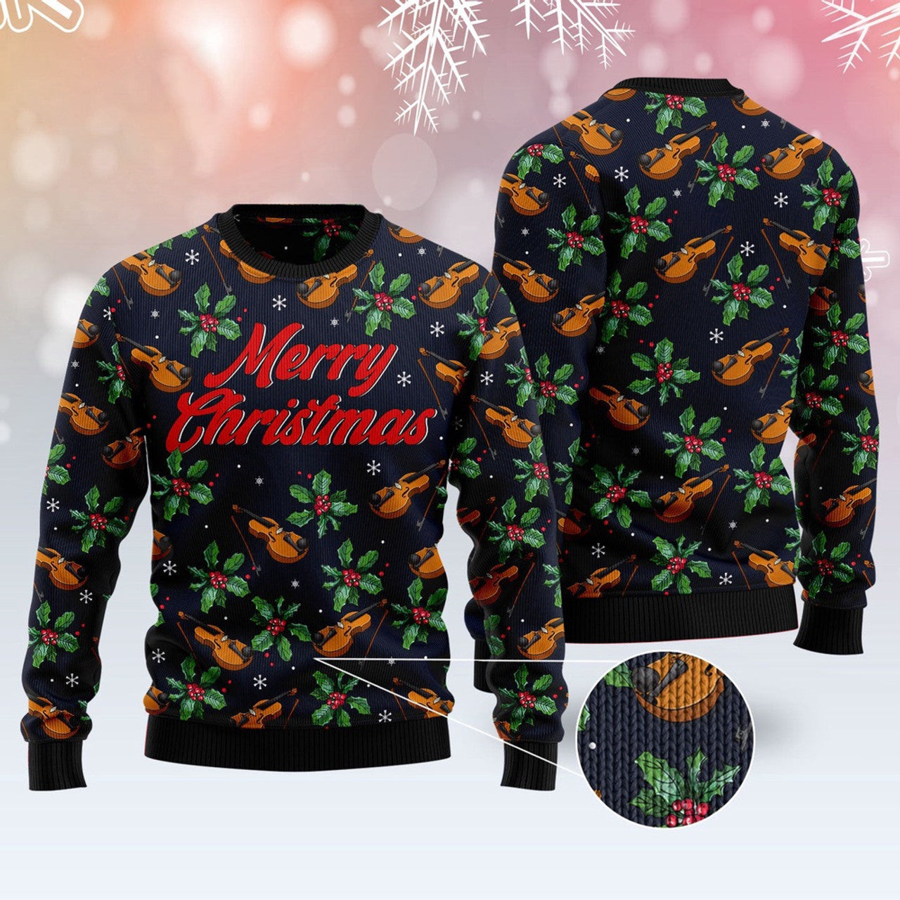 FUNSTUFFPRINT Violin Christmas Ugly Christmas Sweater, Christmas Sweater, Ugly Sweater, Funny Xmas Sweaters Ugly Sweater