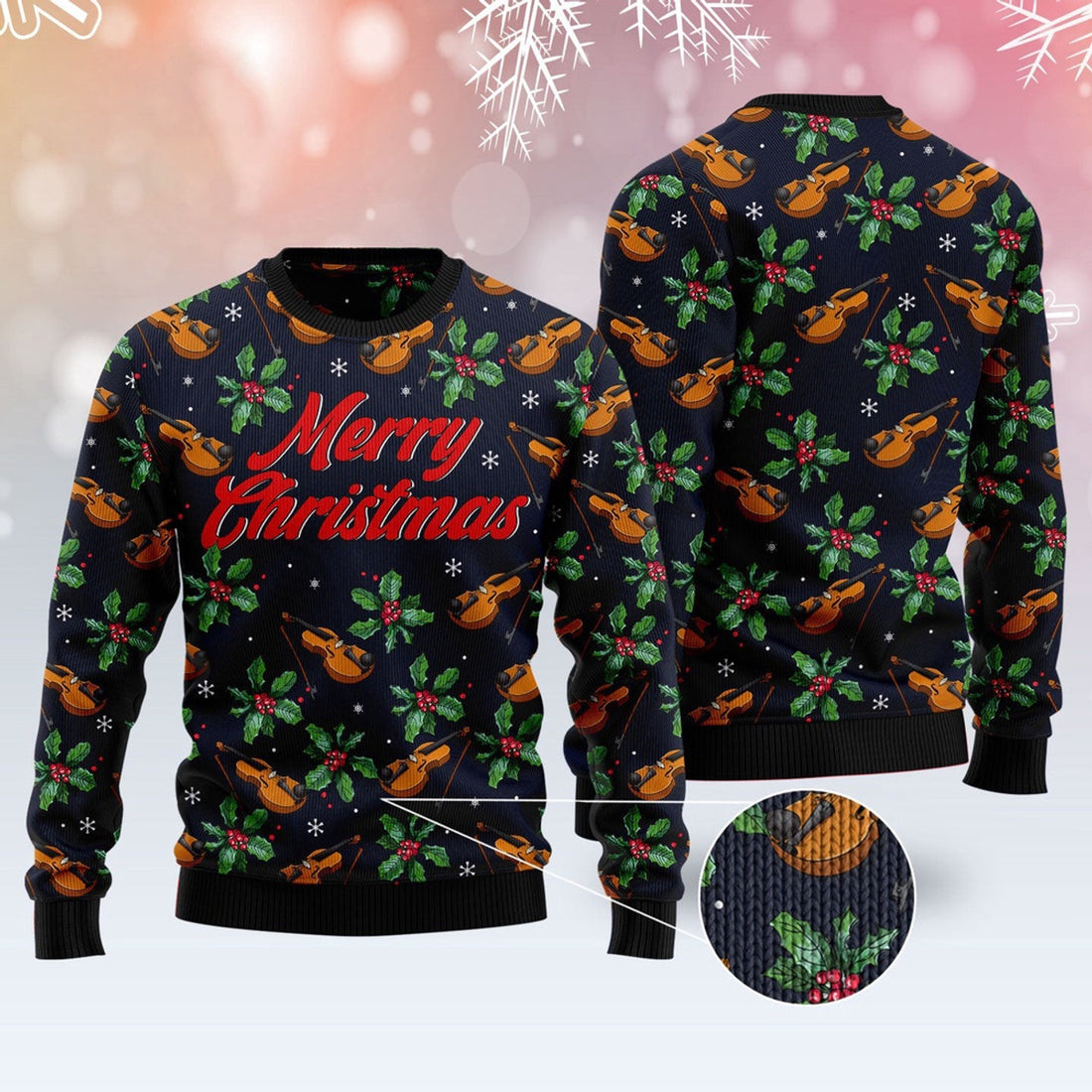 FUNSTUFFPRINT Violin Christmas Ugly Christmas Sweater, Christmas Sweater, Ugly Sweater, Funny Xmas Sweaters Ugly Sweater