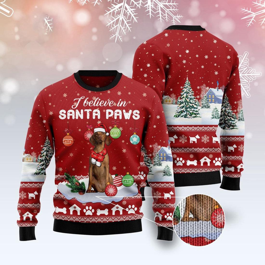 FUNSTUFFPRINT Vizsla I Believe In Santa Paws Ugly Christmas Sweater, Christmas Sweater, Ugly Sweater, Funny Xmas Sweaters Ugly Sweater
