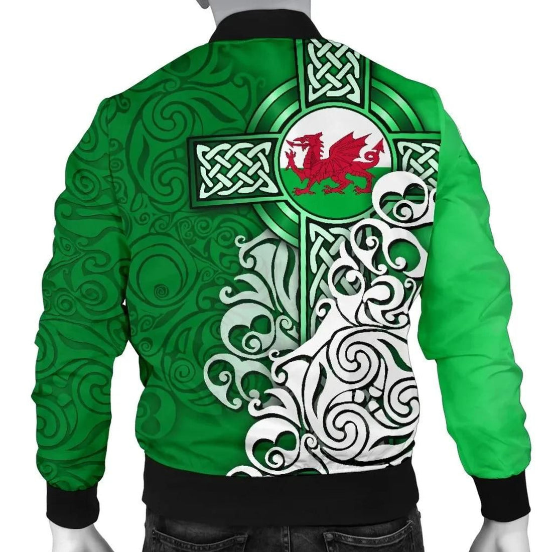 FUNSTUFFPRINT Wales Celtic Men's Bomber Jacket - Welsh Dragon Flag with Celtic Cross (Green) - 3D Bomber Jacket