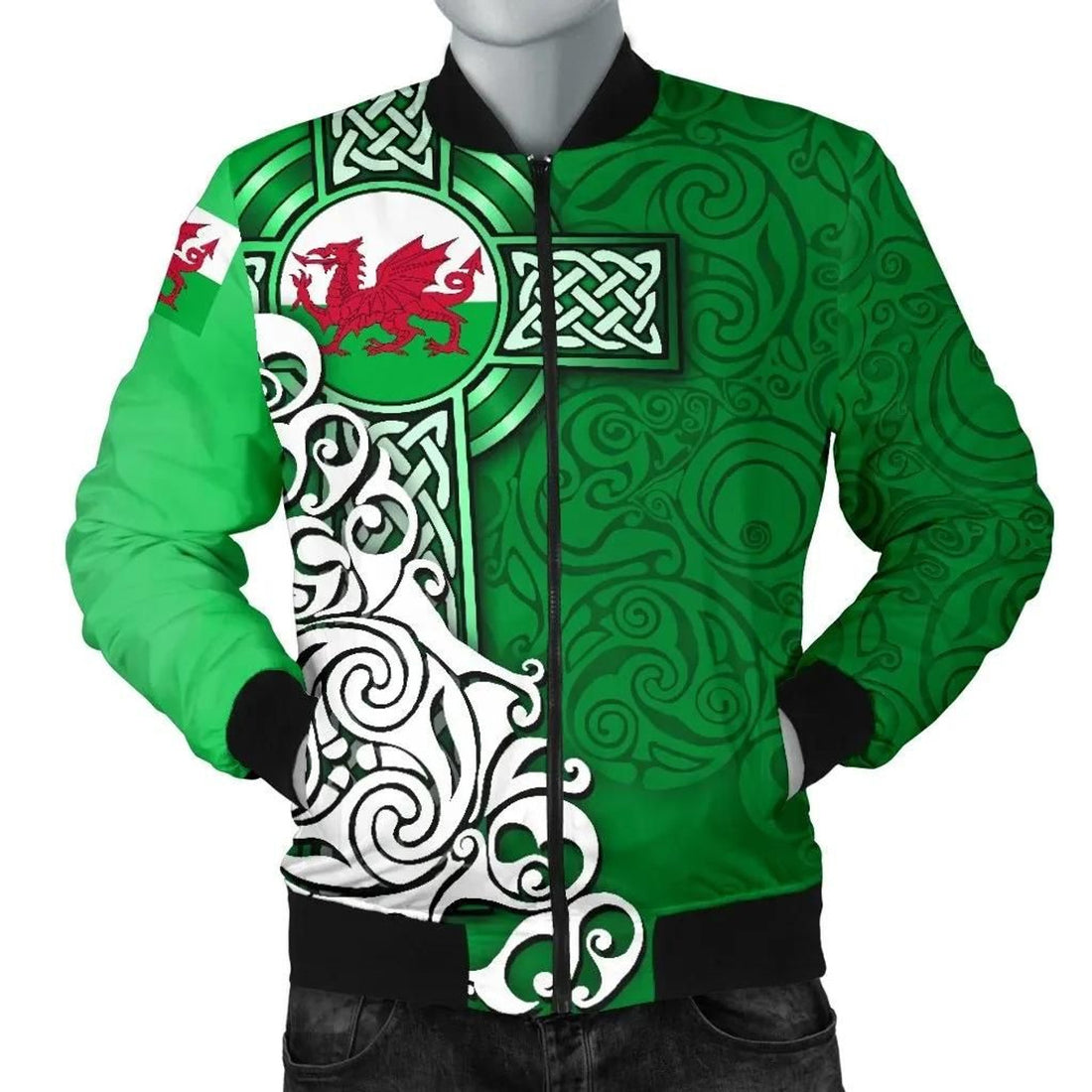 FUNSTUFFPRINT Wales Celtic Men's Bomber Jacket - Welsh Dragon Flag with Celtic Cross (Green) - 3D Bomber Jacket