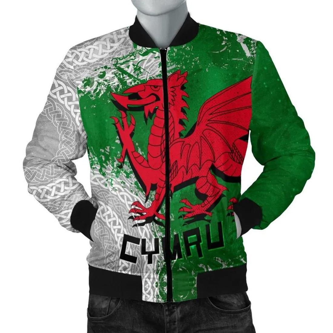 FUNSTUFFPRINT Wales Celtic Women's Bomber Jacket - Grunge Dragon - 3D Bomber Jacket