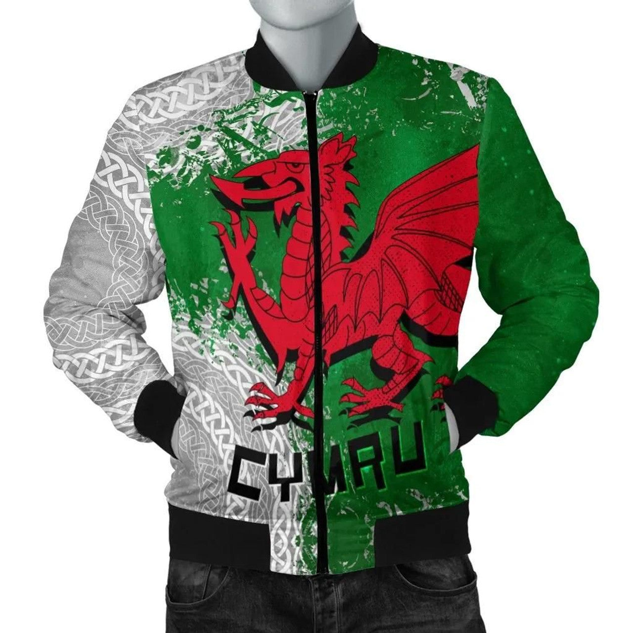 FUNSTUFFPRINT Wales Celtic Women's Bomber Jacket - Grunge Dragon - 3D Bomber Jacket