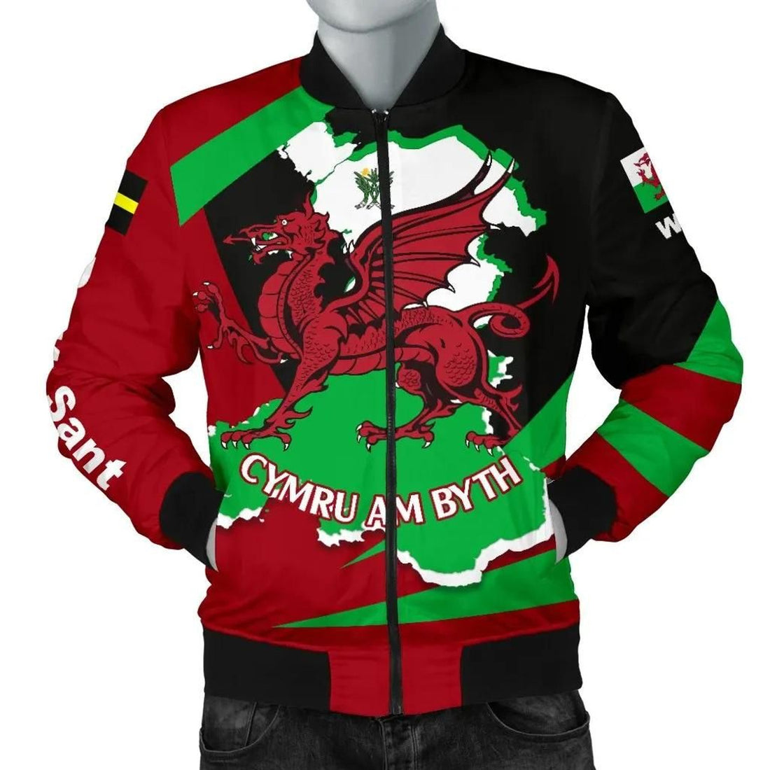 FUNSTUFFPRINT Wales Men's Bomber Jacket, St David's Day with Map and Flag 3D Bomber Jacket
