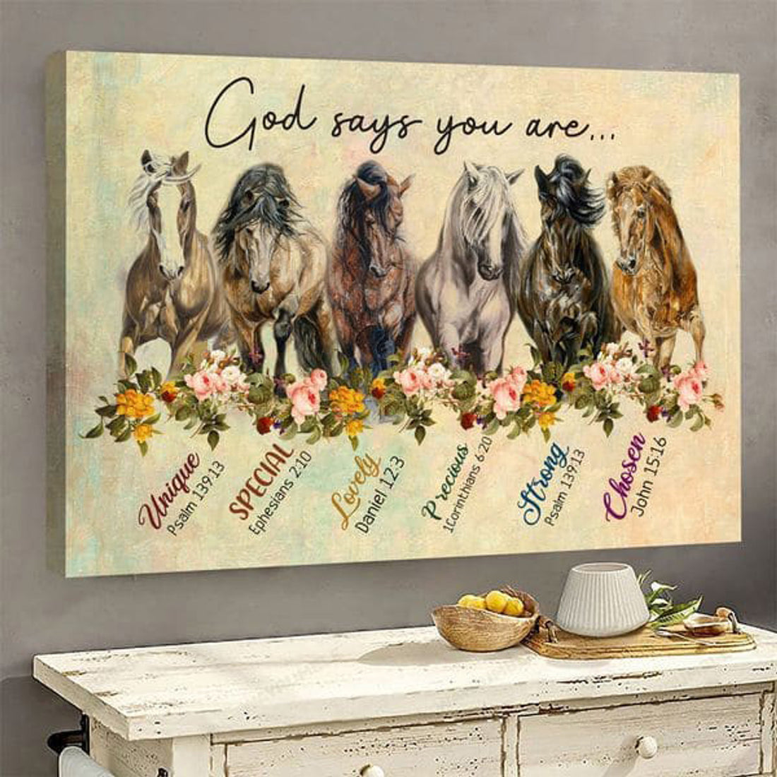 Wall Art Decor, God Says You Are Unique Special Lovely Precious Strong Chosen, Horse Poster Poster and Canvas
