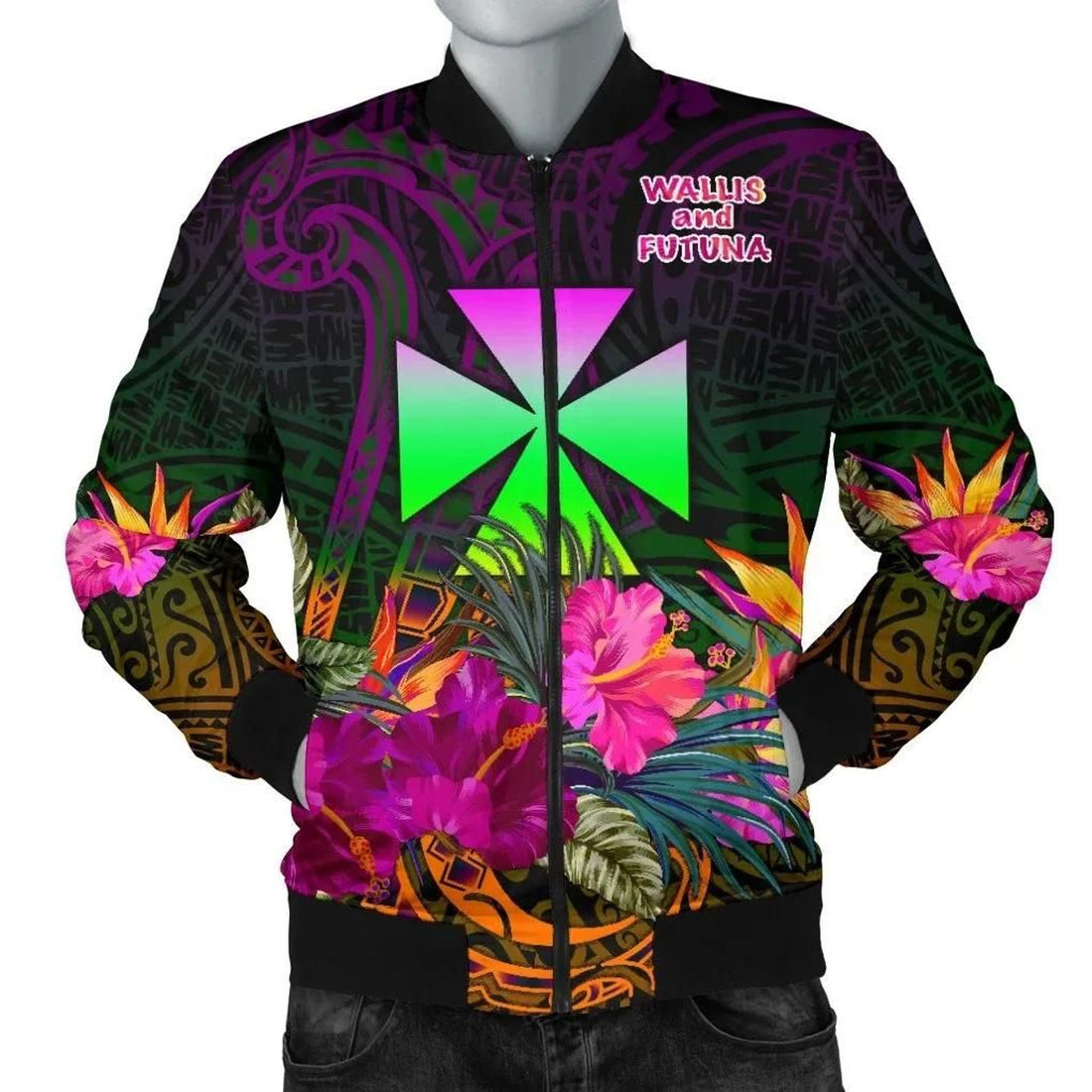 FUNSTUFFPRINT Wallis and Futuna Men's Bomber Jacket - Summer Hibiscus - 3D Bomber Jacket