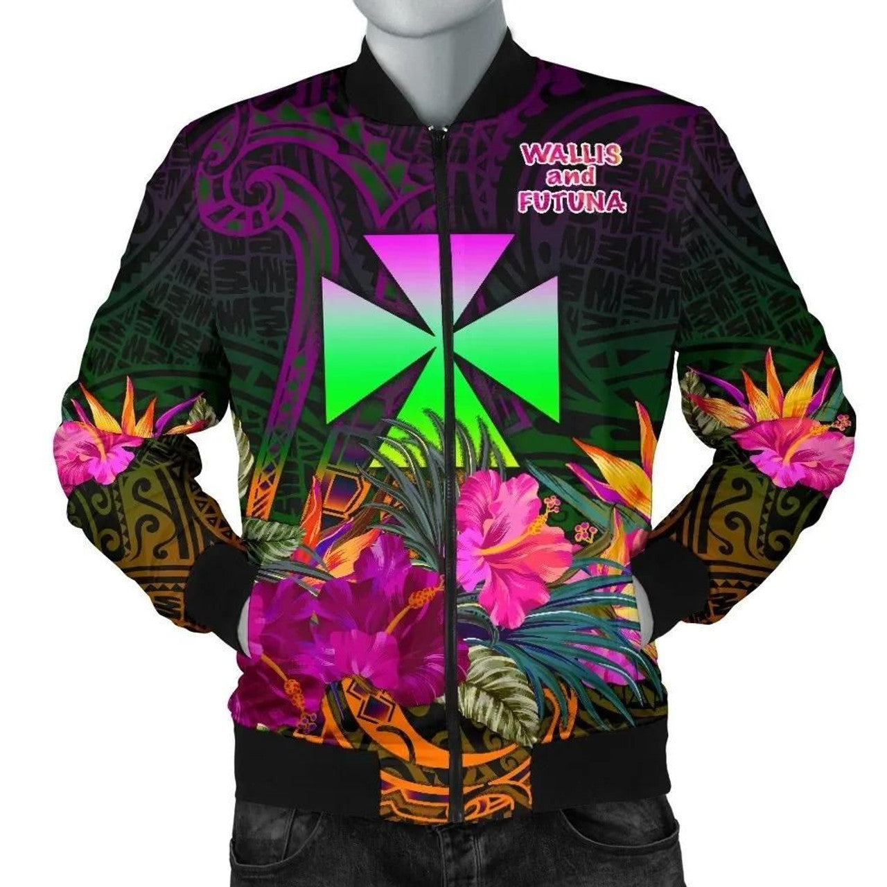 FUNSTUFFPRINT Wallis and Futuna Men's Bomber Jacket - Summer Hibiscus - 3D Bomber Jacket