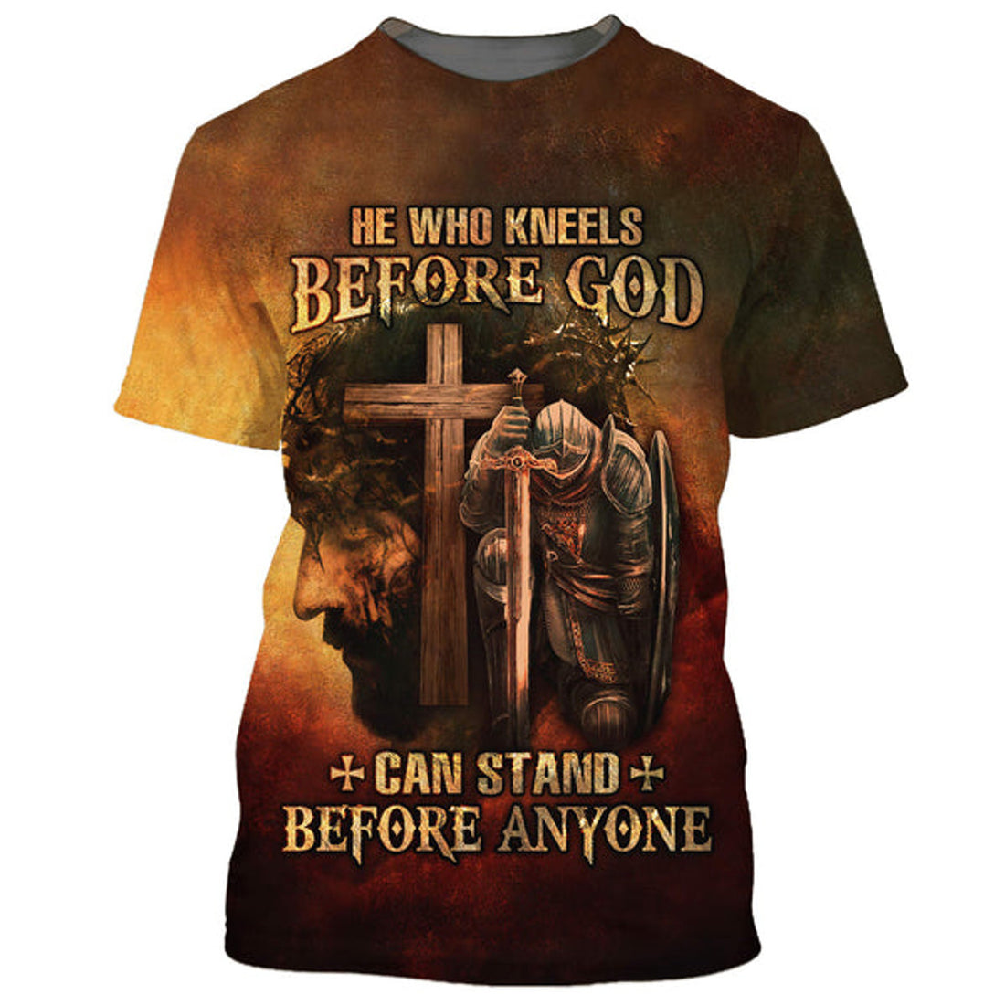 FUNSTUFFPRINT Warrior And Lion He Who Kneels Before God Can Stand Before Anyone Christian 3D T-shirt