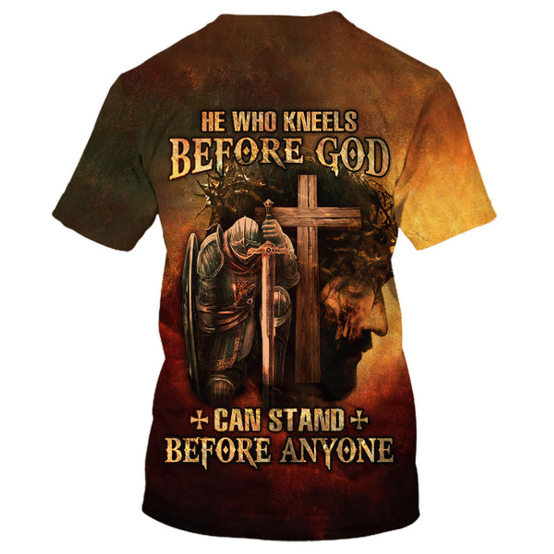 FUNSTUFFPRINT Warrior And Lion He Who Kneels Before God Can Stand Before Anyone Christian 3D T-shirt