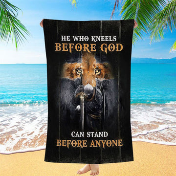 Warrior Lion Cross He Who Kneels Before God Can Stand Before Anyone Beach Towel - Bible Verse Beach Towel - Religious Beach Towel