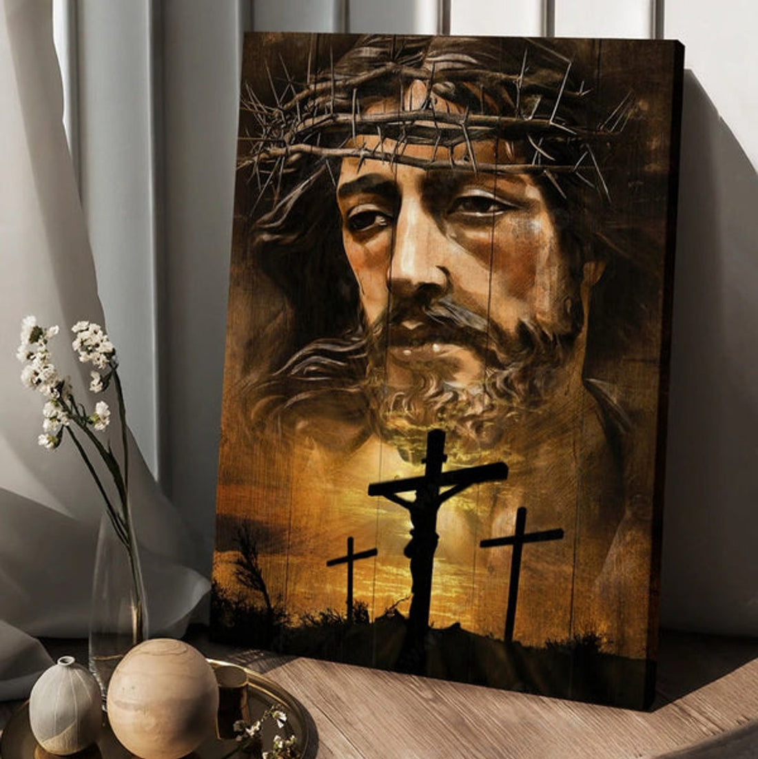 Watercolor Jesus Crown Of Thorn Jesus On The Cross Canvas Wall Art - Christian Wall Posters - Religious Wall Decor