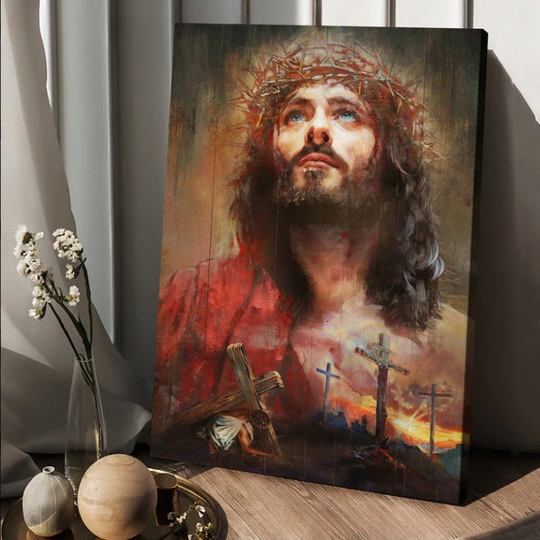 Watercolor Jesus Painting Crown Of Thorn Cross Symbol Canvas Wall Art - Christian Wall Posters - Religious Wall Decor