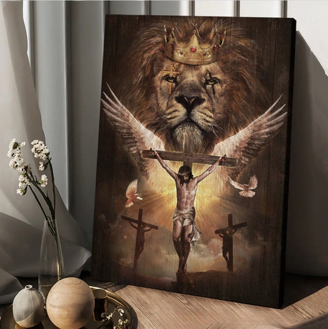 Watercolor Lion Jesus On Cross Canvas Wall Art - Christian Wall Posters - Religious Wall Decor