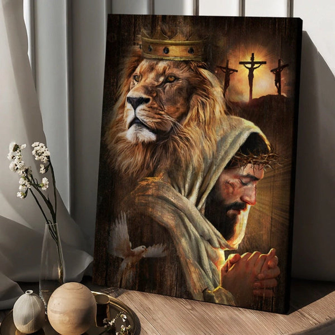 Watercolor Lion Pray With Jesus Jesus On The Cross Canvas Wall Art - Christian Wall Posters - Religious Wall Decor