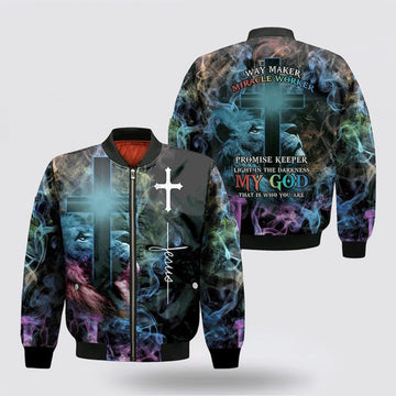 FUNSTUFFPRINT Way Maker Miracle Worker Jesus Lion Cross Bomber Jacket - Jesus Shirt for Men Women 3D Bomber Jacket