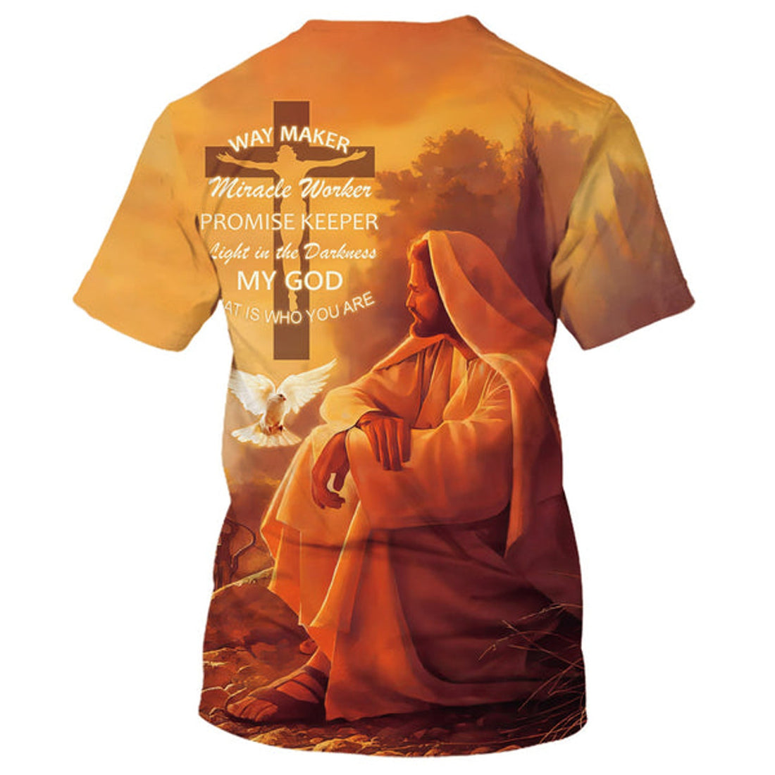 FUNSTUFFPRINT Way Maker Miracle Worker Promise Keeper Shirts - Jesus Sitting 3D All Over Printed Shirt for Men and Women
 3D T-shirt