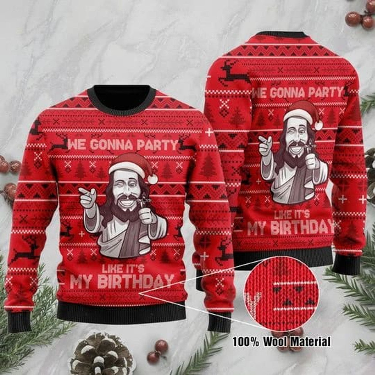 FUNSTUFFPRINT We Gonna Party Like Its My Birthday Jesus Ugly Christmas Sweater For Men & Women - Jesus Christ Sweater - God Gifts Idea Ugly  Sweater