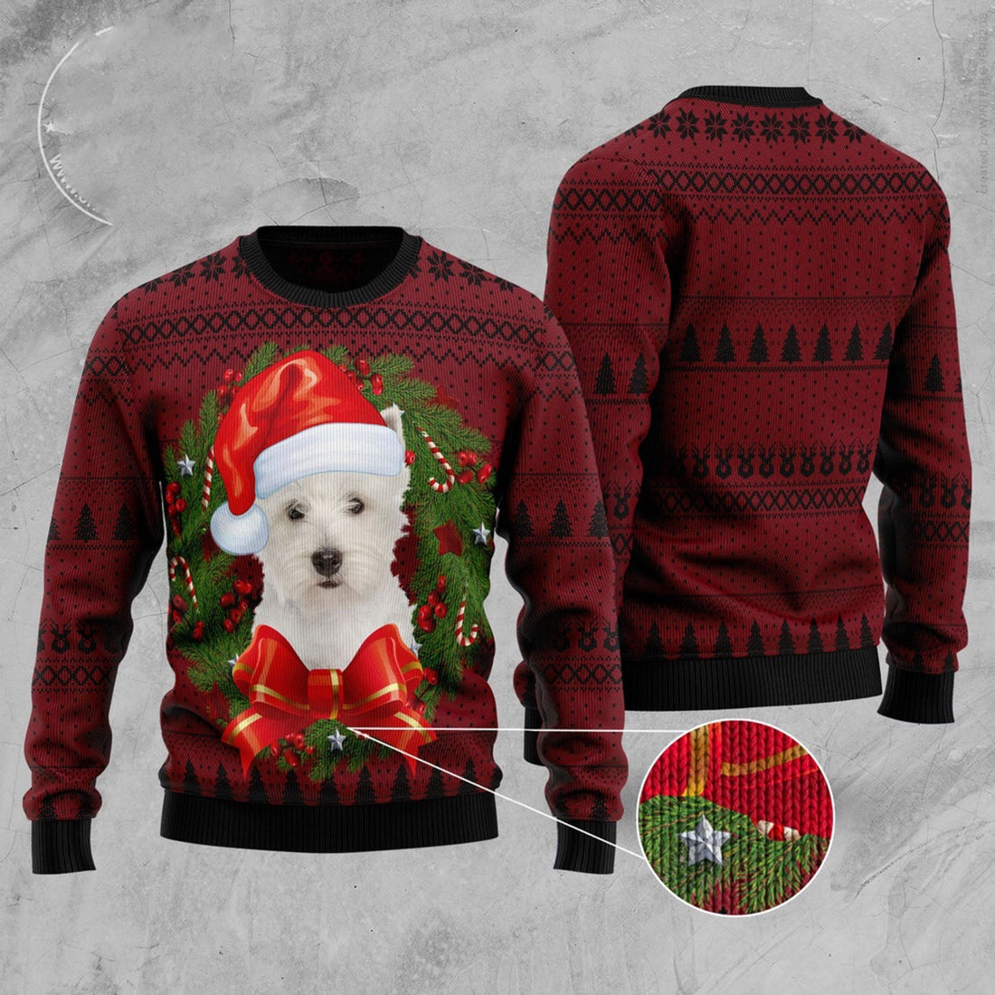 FUNSTUFFPRINT Welsh Highland Terrier Wreath Ugly Christmas Sweater, Christmas Sweater, Ugly Sweater, Funny Xmas Sweaters Ugly Sweater