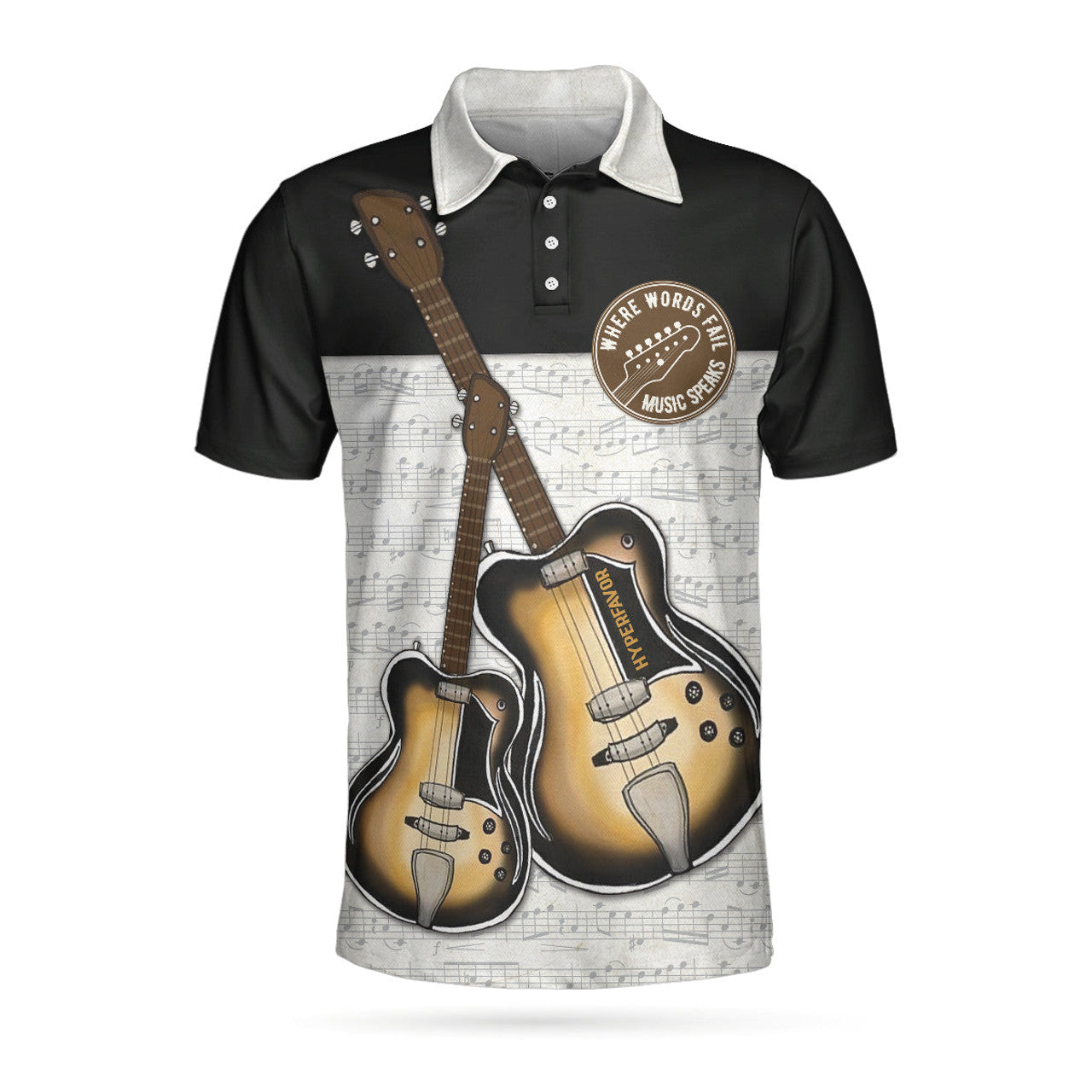 Where Words Fail Music Speaks Guitar Polo Shirt, Black And White Music Polo Shirt, Best Guitar Shirt - Perfect Gift For Men