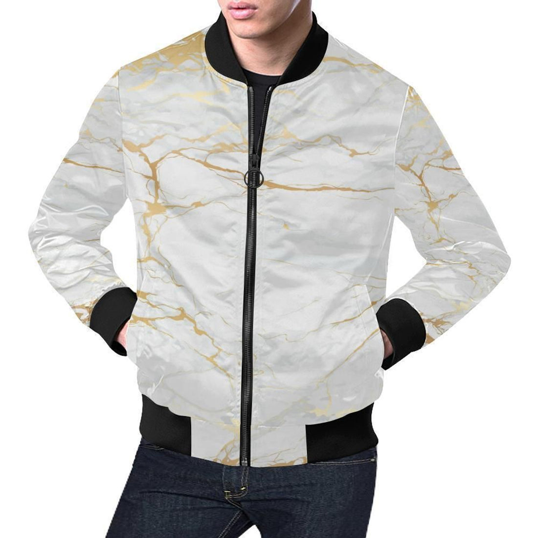 FUNSTUFFPRINT White Gold Marble Pattern Print Mens 3D Bomber Jacket