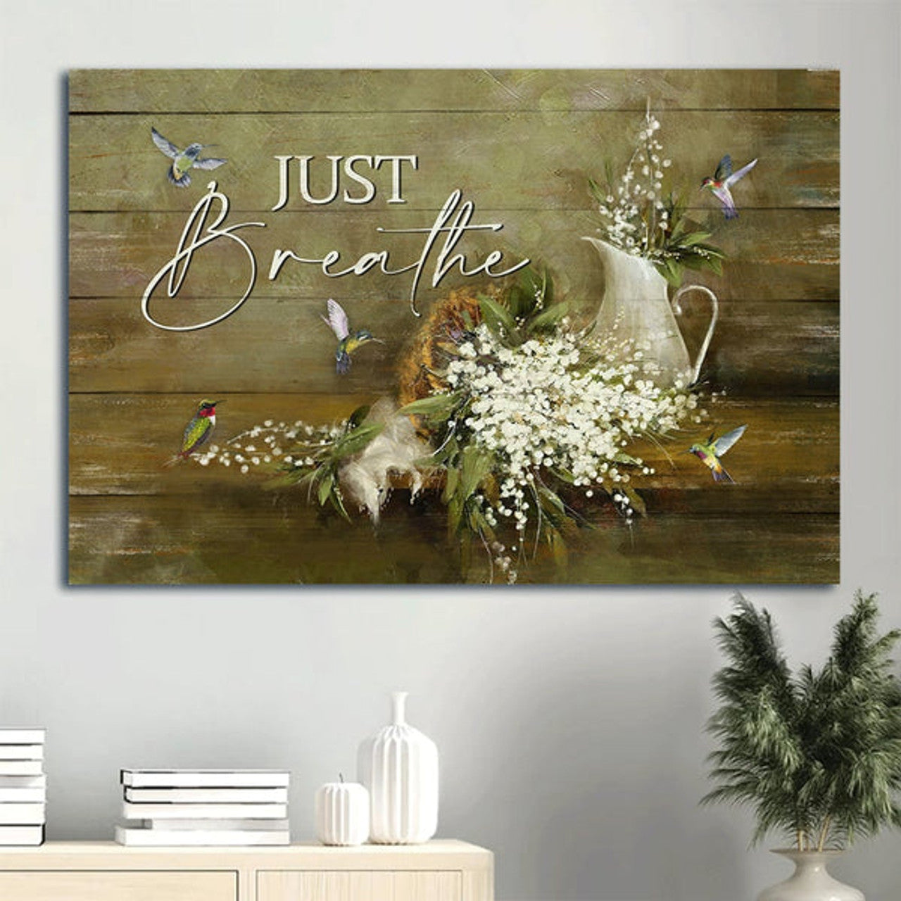 White Willow Blossoms Hummingbird Still Painting Jesus Baby Flower Just Breathe Canvas Wall Art - Christian Wall Decor