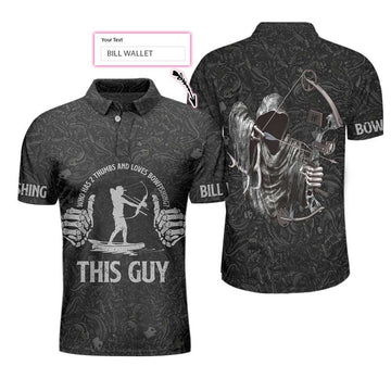 Custom Who Has 2 Thumbs And Loves Bowfishing Custom Polo Shirt, Fish Skeleton Pattern Archer Reaper Polo Shirt, Best Fishing Shirt - Perfect Gift For Men